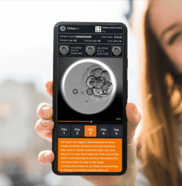 CHLOE Embryo Viewer showing timelapse footage on a phone